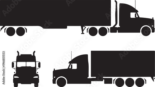 Semi trailer truck silhouette on white background. Vehicle icons set view from side, front, back, and top