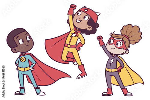  Cartoon Superhero Kids Children Characters in Costumes Vector Illustration Isolated Set
