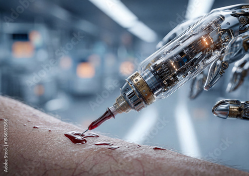 Futuristic Robotic Syringe Drawing Blood From Human Arm in Clinical Laboratory Close-Up