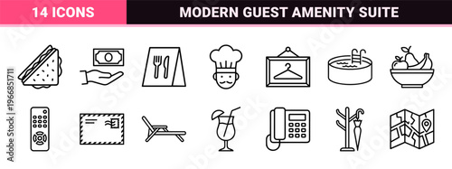 Hospitality and Tourism Management Ultra-Minimalist Monoline Outline Icons for Travel Booking, Hotel Amenities, and Guest Service Interface