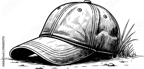 Black and White of a Baseball Cap Resting the Ground with Grass and Pebbles