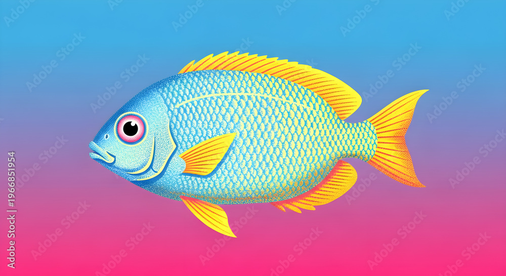 Fototapeta premium Side profile of a stylized blue tropical fish with yellow fins against a vibrant gradient background for decorative design purposes