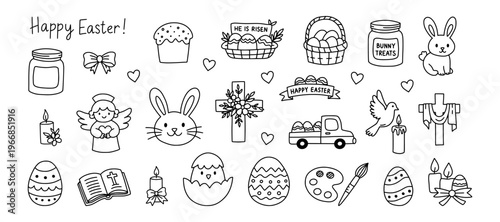 Cute Easter doodle elements featuring an angel, a truck carrying eggs, a painter's palette, and bunny faces. Hand drawn vector set for spring holiday design. Black outline vector Easter illustrations.
