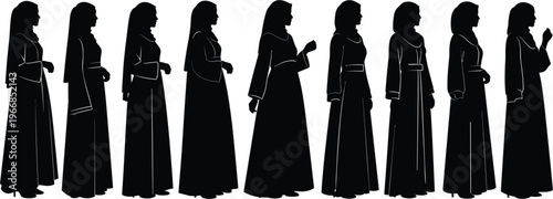 Arab women silhouette collection traditional abaya hijab walking standing profile set black isolated cultural fashion modest clothing character design diversity illustration bundle