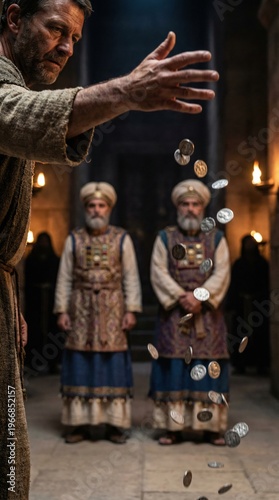 Judas Iscariot throwing silver coins before high priests. Dramatic biblical scene of betrayal and regret. Historical religious concept depicting the repentance of a man in ancient times.