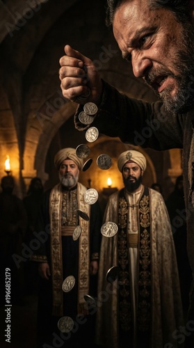 Judas Iscariot throwing silver coins before Jewish religious leaders in temple. Bible story of betrayal and remorse. Historical cinematic scene of confession and guilt in ancient Jerusalem.