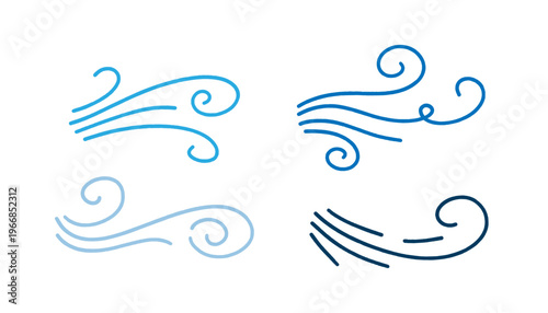 Blue wind swirls and air flow set. Abstract weather symbols for breeze, cold atmosphere, and dynamic movement. Hand drawn wind swirls set, abstract vector weather elements.