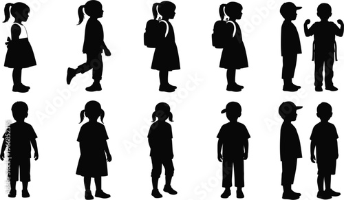 Children silhouette collection kids boys girls standing walking school backpack profile set black isolated childhood character illustration playful diversity bundle design
