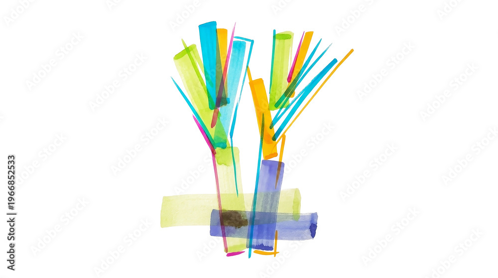 Fototapeta premium Bright abstract brush strokes forming a tree shape on transparent png background.