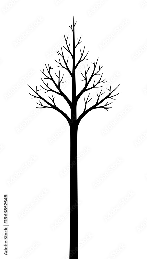 Obraz premium Bare tree, black tree silhouette, minimalist tree icon, simple tree vector, landscape element isolated PNG with Transparent Background