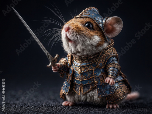 Armored Mouse Knight Holding Sword in Detailed Medieval Armor