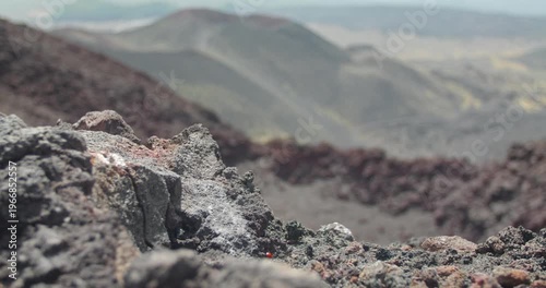 Scenic view of the valley with massive dark volcanic hills, Etna Volcano, 4k