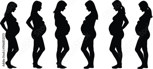 Pregnant women silhouette collection maternity profile poses expecting mother belly stages black isolated female figure pregnancy concept illustration healthcare lifestyle bundle