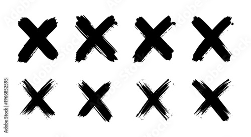 Black brush stroke X marks, vector icons, crossing symbols, rejection signs isolated PNG with Transparent Background