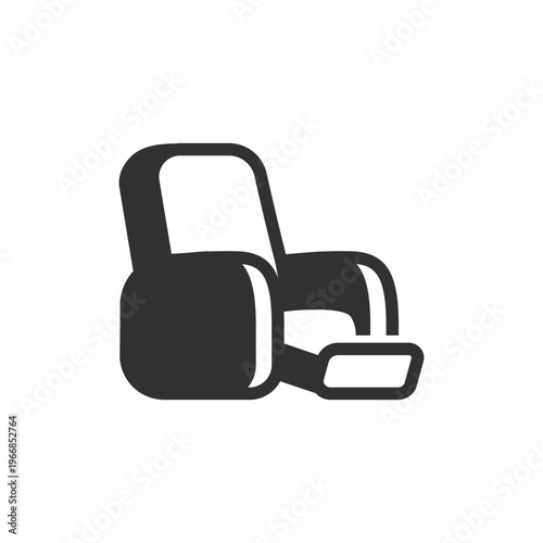 Reclining armchair with footrest icon. Comfortable relaxation lounge furniture. Monochrome black and white symbol