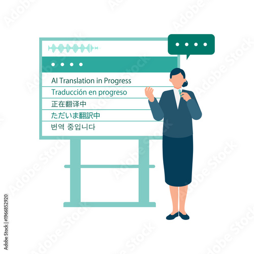 Modern businesswoman presenting with a smart microphone using artificial intelligence for seamless multi-language interpretation.