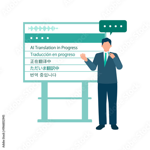 Delivering a professional speech with real-time AI multilingual translation technology on a digital signage screen where all displayed languages indicate translating now for global conference.