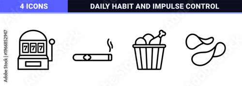 Modern Vice and Bad Habit Line Icons featuring Ultra-Minimalist Monoline Aesthetic for Lifestyle Wellness and Addiction Awareness Design.