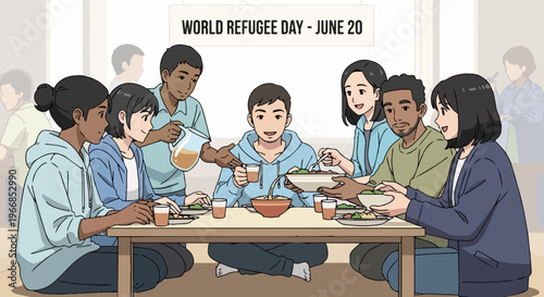 Diverse people sharing meal, celebrating World Refugee Day, fostering community spirit. Group around table, eating, emphasizing inclusion, support for World Refugee Day.