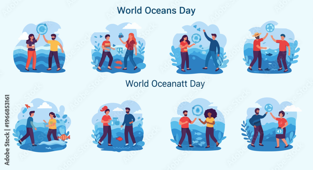 Fototapeta premium People celebrating World Oceans Day. Characters engage marine protection, raising cleanup, conservation awareness, emphasizing World Oceans Day importance. Concept World Oceans Day campaigns,