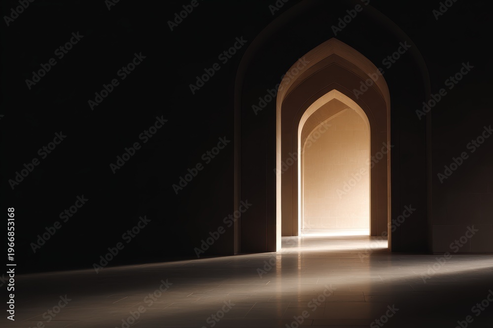Fototapeta premium Islamic arch hallway leading toward bright courtyard, depth perspective shot