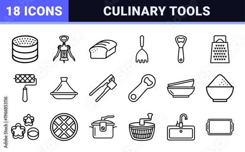 Culinary Equipment and Kitchenware Outline Symbols: Ultra-minimalist Monoline Geometric Line Art for Gourmet Cooking and Food Preparation.