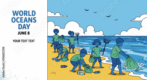 World Oceans Day event shows children cleaning sandy beach, collecting litter like plastic bottles near ocean water. World Oceans Day emphasizes environmental protection,