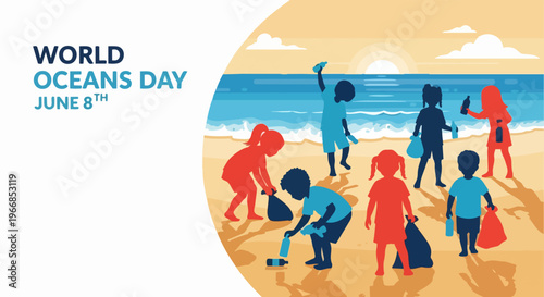 World Oceans Day celebration with children cleaning beach at sunset, collecting plastic waste.