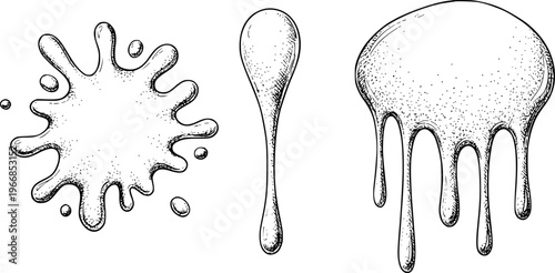 Black and white ink of liquid splashes and dripping substance with a spoon