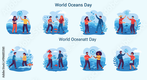 People celebrating World Oceans Day. Characters engage marine protection, raising cleanup, conservation awareness, emphasizing World Oceans Day importance. Concept World Oceans Day campaigns,
