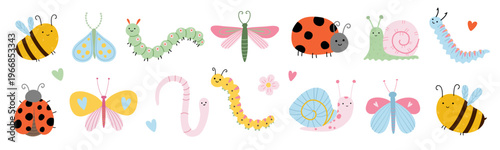 Insects set with bee, butterfly, and ladybug characters in a silly childish doodle style. Minimalist stylish and modern vector illustration for nursery textiles, packaging, and stationery.