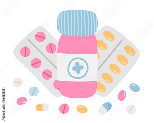 Pills bottle and blister packs vector illustration for medical pharmacy design. Colorful capsules and drugs collection on white background. Minimalist cartoon hand-drawn doodle for healthcare.