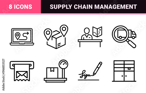 Ultra-minimalist monoline delivery and logistics icon set featuring geometric line art for shipping, global transport, and supply chain management.