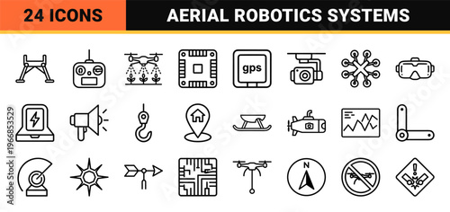 Autonomous Drone Technology and Unmanned Aerial Vehicle UAV Systems Ultra-minimalist Monoline Geometric Line Art for Commercial Interface Design