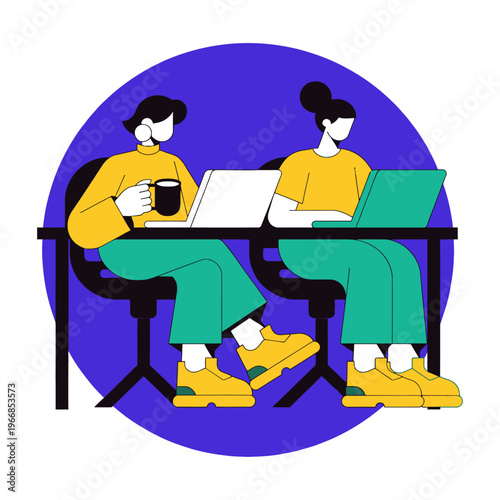 Two people working on laptops at a table in a vector