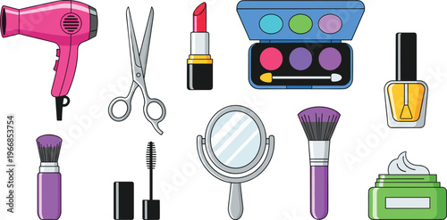 Beauty and Hair Care Tools Set with Makeup, Brushes, and Personal Grooming Icons for Cosmetics and Salon Use