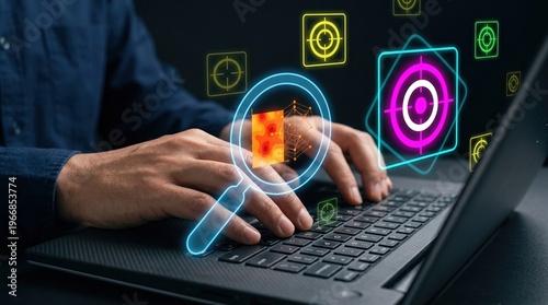 Wallpaper Mural Data Analysis, Digital Marketing, Target Audience, Magnifying Glass, Laptop, Search Engine Optimization, Business Strategy showing futuristic holographic icons for market research. Torontodigital.ca