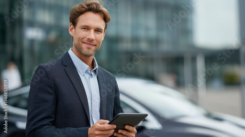 Business professional standing near his charging electric car at a bright modern street station, using a tablet to monitor charge progress, defocused glass office tower, corporate EV adoption,