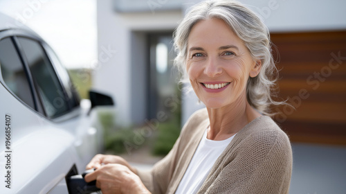 Mature woman attaching a charging cable to her white electric vehicle parked on a bright residential driveway, modern home exterior behind her, home EV charging, zero emission transport, Free Download Mature woman attaching a charging cable to her white electric vehicle parked on a bright residential driveway, modern home exterior behind her, home EV charging, zero emission transport, - GFXLoad