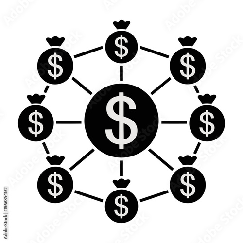 Vector of money bags connected to a central dollar symbol