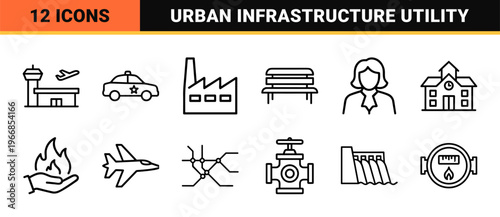 Urban Infrastructure and Public Service Utility Symbols: Ultra-Minimalist Monoline Geometric Line Art for Civic and Municipal Governance.