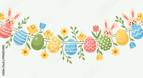 Colorful easter eggs and bunnies garland with flowers and chicks on light green background for spring holiday decoration