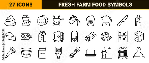 Dairy Products and Milk Industry Outline Symbols featuring minimalist monoline geometric line art for commercial food packaging and UI design.