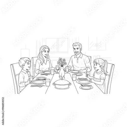 Family sitting around a dinner table eating