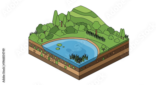 Cross section of a pond ecosystem with surrounding landscape.