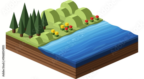 Isometric cross section of land and water with trees and hills.