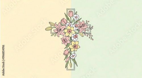 Beautiful floral cross with pink yellow and white flowers on a soft pastel background symbolizing faith and spirituality with a delicate and elegant design
