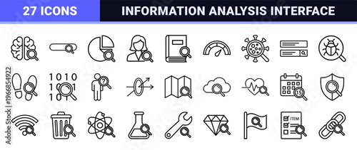 Data Analysis and Search Interface Line Art. Ultra-minimalist monoline geometric symbols for digital investigation and forensic discovery.