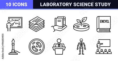 Academic Research and Laboratory Science Ultra-Minimalist Monoline Geometric Line Art Symbols for Education, Chemistry, and Biotech Design.