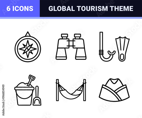 Global Travel and Summer Vacation Ultra-minimalist Monoline Icon Set featuring Geometric Line Art for Commercial Tourism and Hospitality.